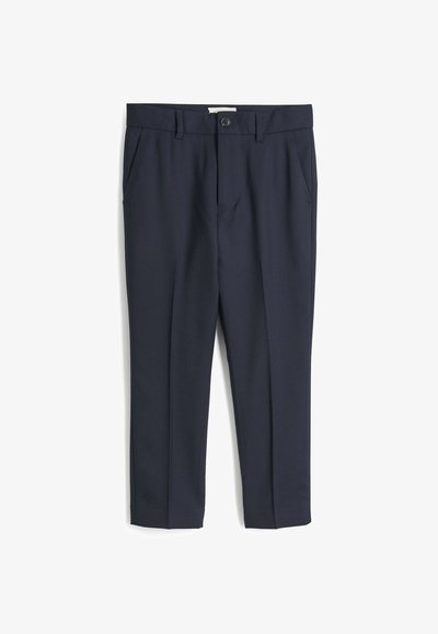Morsko modri krojeni hlače iz gladkega materiala, z bočnimi žepi, sprednjim gumbom in ravnim krojem nog.