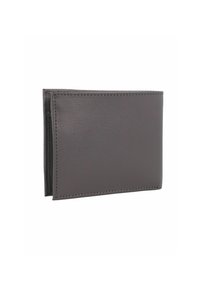 Portafoglio pieghevole in pelle grigio scuro con superficie texturizzata e bordi cuciti su sfondo bianco.