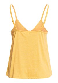 Haut camisole jaune sans manches avec fines bretelles spaghetti réglables et ourlet droit.