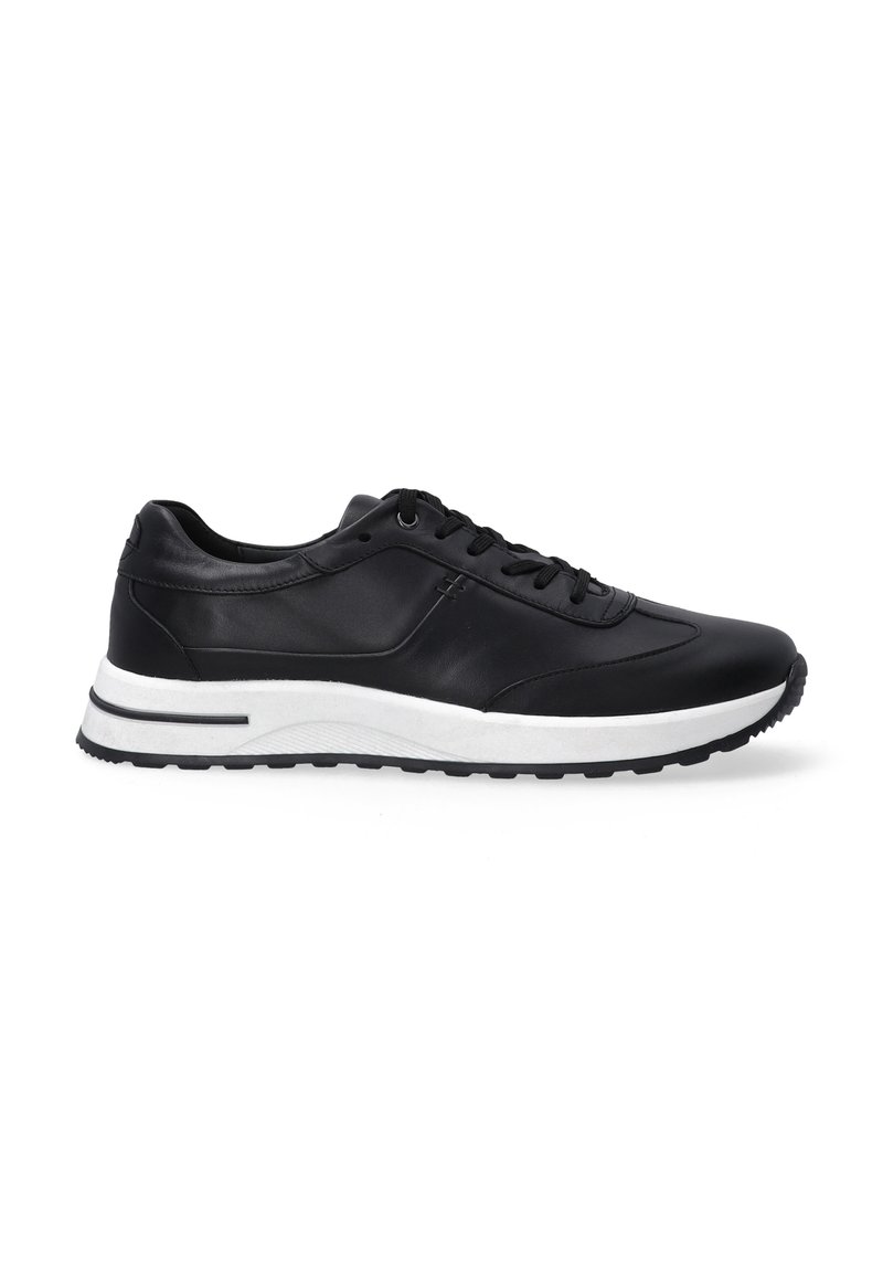 Schwarze Leder-Sneaker mit runder Zehenpartie, Schnürdesign und kontrastierender weißer Zwischensohle. Verfügt über strukturierte Akzente und eine Gummisohle.