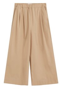 Beige wijde cropped broek met elastische tailleband en subtiele plooien aan de voorkant, gemaakt van lichtgewicht stof.