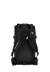 Black backpack with padded straps, multiple zipper pockets, and an orange accent. Made of durable material with a streamlined design.