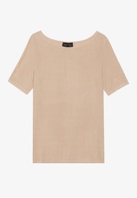 T-shirt beige à manches courtes en tissu doux. Encolure ronde, coupe décontractée et texture lisse avec de subtils détails de couture.