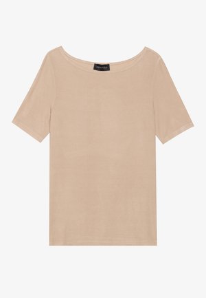 Beige short-sleeve t-shirt made from soft fabric. Round neckline, relaxed fit, and smooth texture with subtle stitching details.