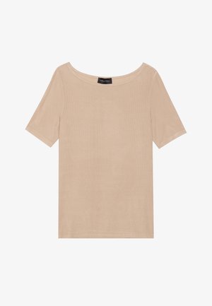 Beige short-sleeve t-shirt made from soft fabric. Round neckline, relaxed fit, and smooth texture with subtle stitching details.