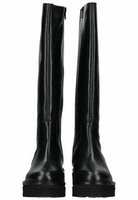 Hohe schwarze Lederstiefel mit glatter Oberfläche, Reißverschluss an der Seite und robusten Gummisohlen. Schlankes Design mit minimalistischen Akzenten.