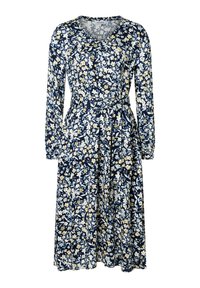 Blumenmuster Langarmkleid in Dunkelblau mit V-Ausschnitt, taillierter Taille und gelben sowie weißen Blumenmustern. Glatte Stofftextur.