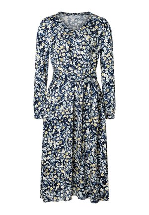 Blumenmuster Langarmkleid in Dunkelblau mit V-Ausschnitt, taillierter Taille und gelben sowie weißen Blumenmustern. Glatte Stofftextur.