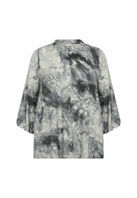 Šedá a černá tie-dye blůza s dlouhým rukávem, kulatým výstřihem, knoflíkovou légou a nabíranými rukávy, vyrobená z lehké tkaniny.