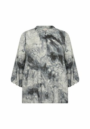 Grijze en zwarte tie-dye blouse met lange mouwen, een ronde halslijn, knoopsluiting en pofmouwen, gemaakt van lichte stof.