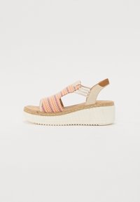 Wedge sandals with a woven textile upper in pink, orange, and cream, featuring a beige rear strap and a textured white platform.