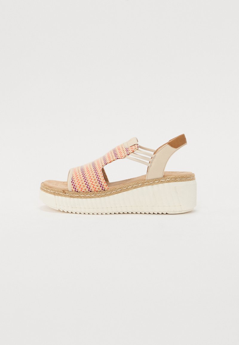 Wedge sandals with a woven textile upper in pink, orange, and cream, featuring a beige rear strap and a textured white platform.
