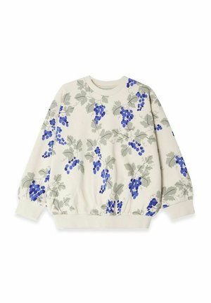 Kermansweatshirt, jossa on sinisellä ja harmaalla viiniköynnöksellä kuvioitu pinta, resorikuidut ja vyötärö, pyöreä kaula-aukko ja rento malli.