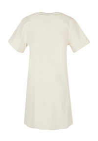 T-Shirt-Kleid mit kurzen Ärmeln und lässiger Passform aus leichtem, beigem Baumwollstoff, mit rundem Halsauschnitt und einem schlichten, ungestylten Design.