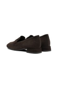 Dark brown suede loafers with a low block heel, featuring a smooth surface and minimalistic design, enhanced by a stitched, fold-over accent.