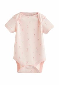 Trumparankovė kūdikių bodžiukas iš minkštos rožinės medvilnės, papuoštas subtiliu gėlių ir fėjų raštu. Apačioje yra spaudžiami užsegimai, palengvinantys aprengimą.