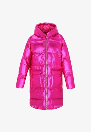 Long, shiny metallic pink puffer coat with hood, front zipper, and two front pockets with snap buttons, displayed on white background.