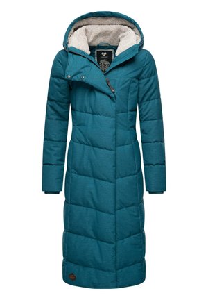 Teal long puffer coat with a hood, featuring quilted pattern, textured inner lining, and a diagonal zip closure. Brown logo patch at the hem.
