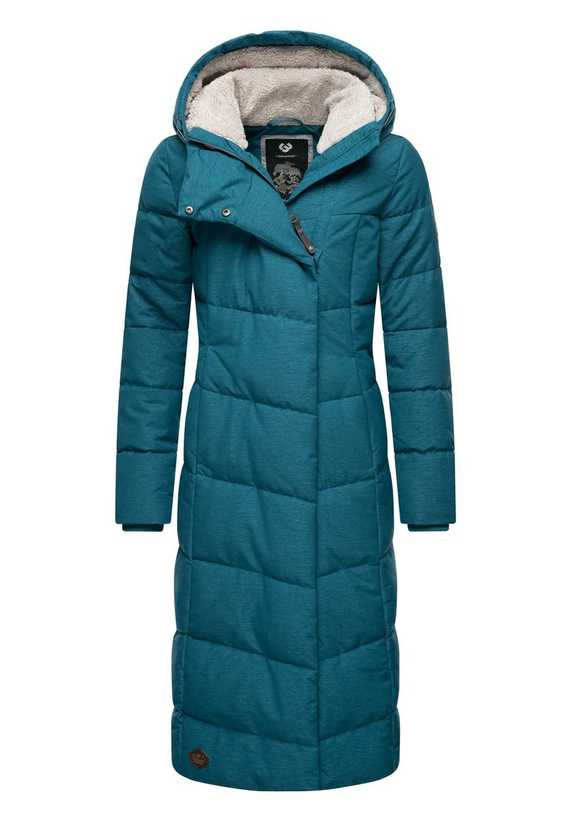 Teal long puffer coat with a hood, featuring quilted pattern, textured inner lining, and a diagonal zip closure. Brown logo patch at the hem.
