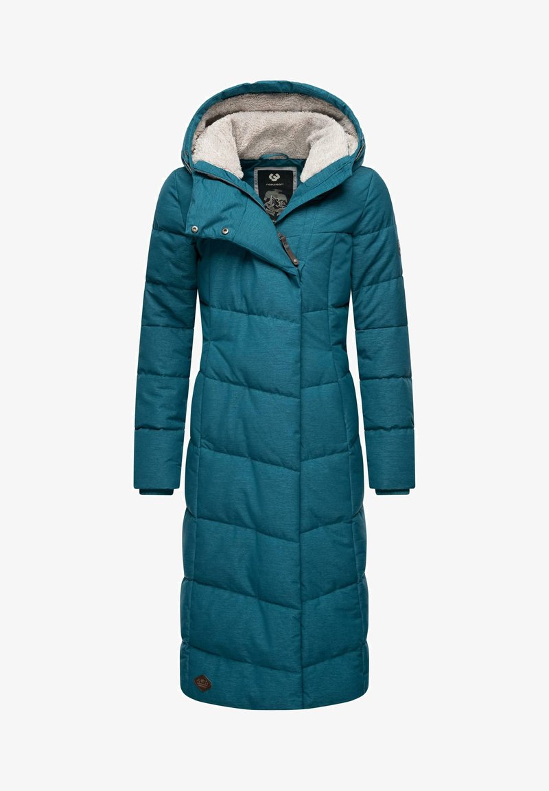 Teal lang puffet jakke med hætte, med quiltet mønster, tekstureret indre foer og skrå lynlås. Brun logo-patch ved sømmen.