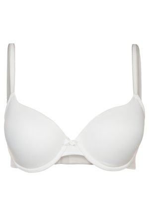 Witte gewatteerde bh met beugels, verstelbare bandjes, soepel stof en een klein decoratief strikje in het midden. Eenvoudig, naadloos ontwerp.