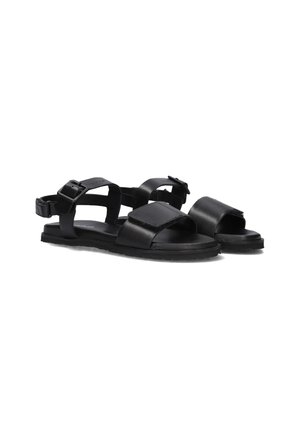 Zwarte leren sandalen met een open ontwerp, verstelbare banden en een gevoerde zool met een gestructureerde afwerking. Gespen en klittenbandsluitingen zijn inbegrepen.