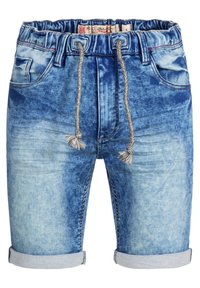 Denim shorts met een vervaagde blauwe wassing, elastische tailleband met trekkoord, opgerolde mouwen en voorzakken. Getextureerde stof met lichte slijtage.