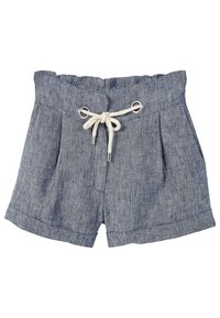 Tmavě modré lněné šortky s nařaseným pasem, šňůrkovým uzávěrem, sklady a ohrnutými lemy. Měkká textura s jemným melírovaným vzorem.