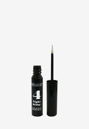 Sort tube fra Lord & Berry 4 Night & Day serum til vækst af vipper og bryn med åben applikatorbørste ved siden af på hvid baggrund.