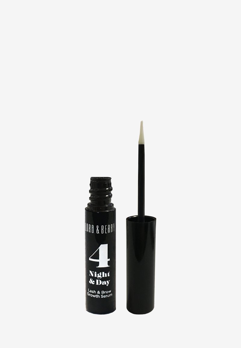Black tube of Lord & Berry 4 Night & Day lash and brow growth serum with open applicator brush beside it on white background.