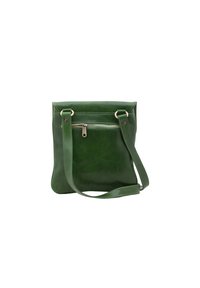 Borsa verde in pelle con una texture liscia, forma rettangolare, tracolla regolabile e una tasca con zip frontale. Nessun motivo o accento visibile.