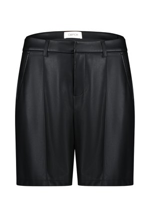 Sorte faux lædershorts med en glat tekstur, der har lynlås, bæltestropper og forlommer. Klassisk skræddersyet design og knælængde.