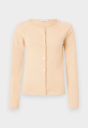 Cream-colored cardigan made of soft fabric, featuring a round neckline, full-length sleeves, and a button front with five matching buttons.