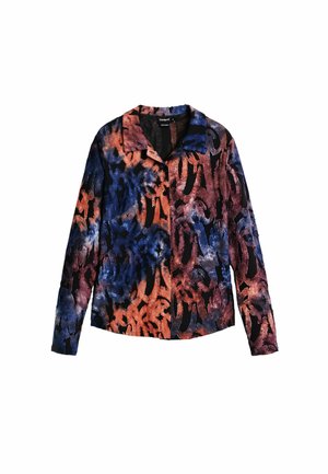 Ilga rankovė mėlynos, oranžinės ir juodos abstrakčios raštų marškiniai; minkšta tekstūra; apykaklė ir mygtukų juosta; laisvas siluetas.