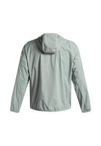 Lichtgrijze lichtgewicht jas met capuchon, elastische manchetten en een rechte silhouet. Gemaakt van een glad, waterafstotend materiaal.