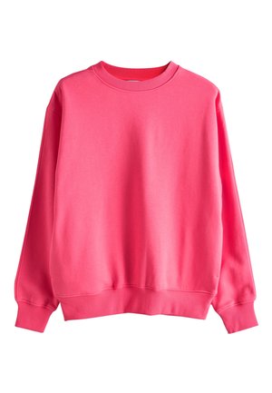 Leuchtend pinkes Sweatshirt mit langen Ärmeln und Rundhalsausschnitt, mit gerippten Bündchen und Bund, vor weißem Hintergrund dargestellt.
