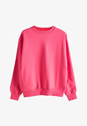 Sweatshirt rose vif à manches longues avec col rond, poignets et taille côtelés, présenté sur un fond blanc.