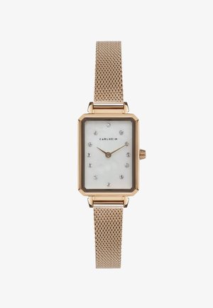Guldtonet rektangulær armbåndsur med meshrem, der har en hvid perlemor skive og krystal timemarkører. Mærkenavn: CARLHEIM.