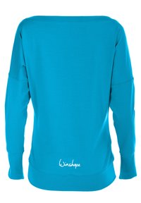 Turquoise sweatshirt with a wide neckline, long sleeves, smooth texture, and a curved hem featuring white "Winshape" logo at the bottom.