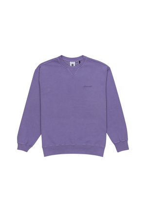 Sudadera morada hecha de una tela suave con un cuello redondo, puños y dobladillo acanalados. Presenta un pequeño logo en el pecho.
