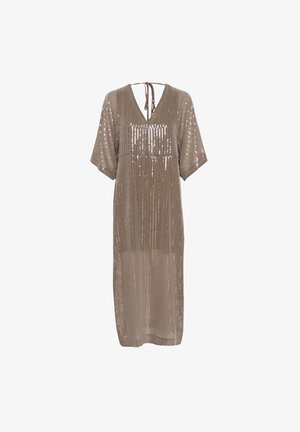 Bež haljina kratkih rukava s V izrezom, koja ima vertikalne uzorke od šljokica i detalj s mašnom na izrezu. Mekana, teksturirana tkanina.