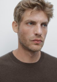 Uomo biondo con leggera barba di tre giorni, che indossa un maglione marrone scuro, che guarda leggermente di lato su uno sfondo chiaro e semplice.