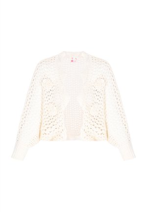 Hvid hæklede cardigan med åbent strikket design, ribbede manchetter og to blomsteraccenter på fronten. Letvægts og oversized pasform.