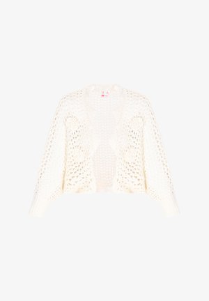 Cardigan en crochet blanc avec un design en maille ouverte, des poignets côtelés et deux accents floraux à l'avant. Coupe légère et oversized.