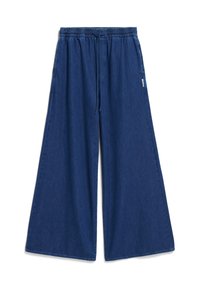 Donkerblauwe denim wijde broek met een elastische tailleband en een trekkoord, en een ontspannen, vloeiende uitstraling.