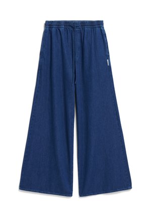 Denim wide-leg trousers in dark blue, featuring an elastic waistband with a drawstring, and a relaxed, flowing silhouette.