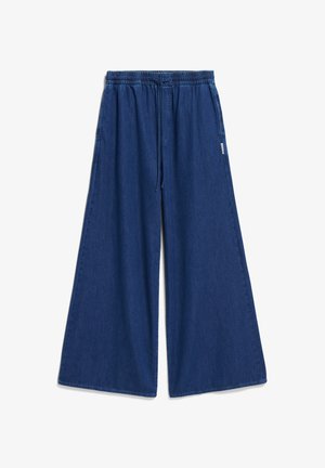 Donkerblauwe denim wijde broek met een elastische tailleband en een trekkoord, en een ontspannen, vloeiende uitstraling.