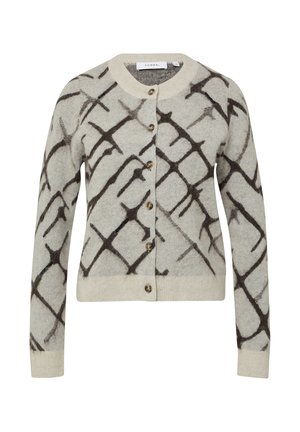 Hellgrauer Cardigan mit einem dunklen geometrischen Muster, weichem Material, rundem Ausschnitt und Knopfverschluss mit vier hellen Knöpfen.