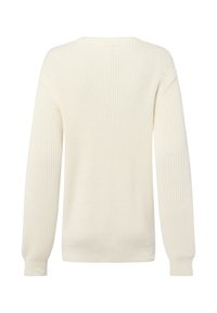 Sweter w kolorze kremowym, o prążkowanej fakturze, z długimi rękawami i klasycznym okrągłym dekoltem. Prosty, bezszwowy design, bez ozdób.