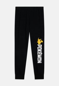 Černé tepláky vyrobené z měkké tkaniny, s žlutou grafikou Pikachu a bílým textem "POKÉMON" na levé noze. Elastický pas a manžety.